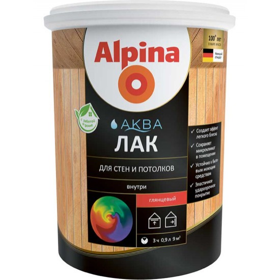 Лак акриловый вд Alpina Аква Лак для стен и потолков глянец 0,9 л