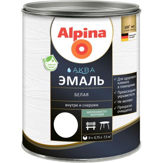 Эмаль акриловая вд Alpina Аква  эмаль белая шелковисто-матовая 0,9 л